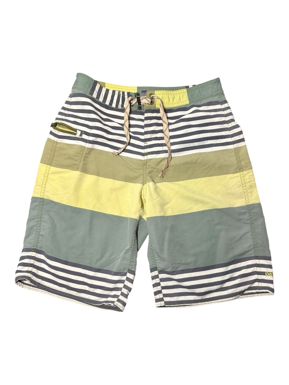 PATAGONIA Boys Striped Green & Yellow Board Shorts